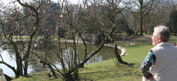 Oudere persoon die kijkt naar een vijver