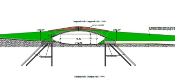 Technische tekening van brug over water met pijlers