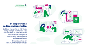 14 inspirerende ondernemersverhalen Bedrijven deelden hoe zij STEM in de praktijk brengen. VLAIO bracht deze verhalen onder de aandacht via een sensibiliseringscampagne op sociale media, advertenties en gedrukte publicaties. Ontdek de verhalen op vlaio.be/ondernemersverhalen