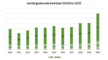 aantal gesteunde bedrijven verdeeld in go's en kmo's in 2020