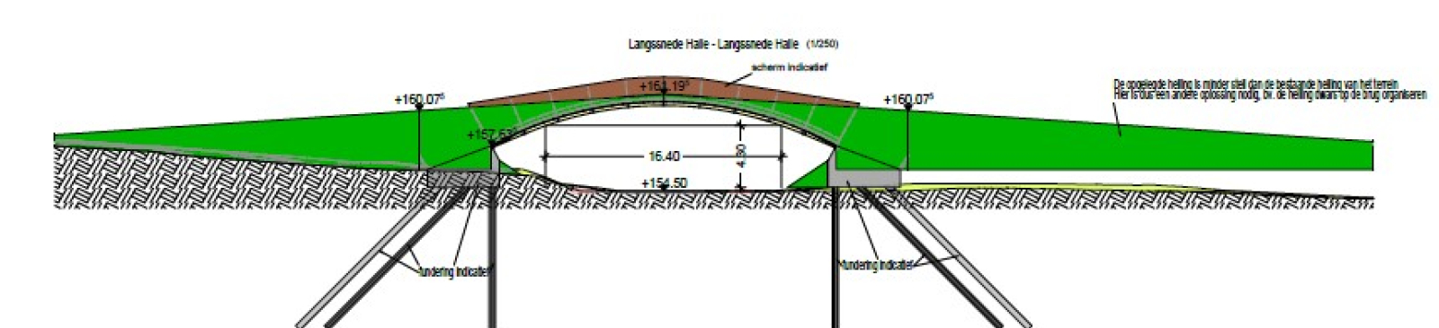 Technische tekening van brug over water met pijlers